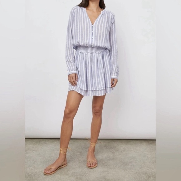 RAILS Jasmine Stripe Smocked Waist V-Neck Linen Blend Dress Large - Picture 8 of 8